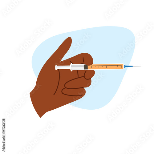 Dark skinned hand holds syringe with serum. Beauty cosmetic care or vaccination concept