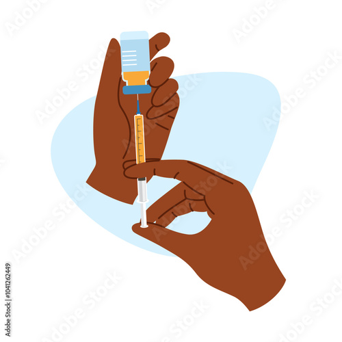 Dark skin tone hands with syringe and ampoule ready for cosmetic beauty procedure