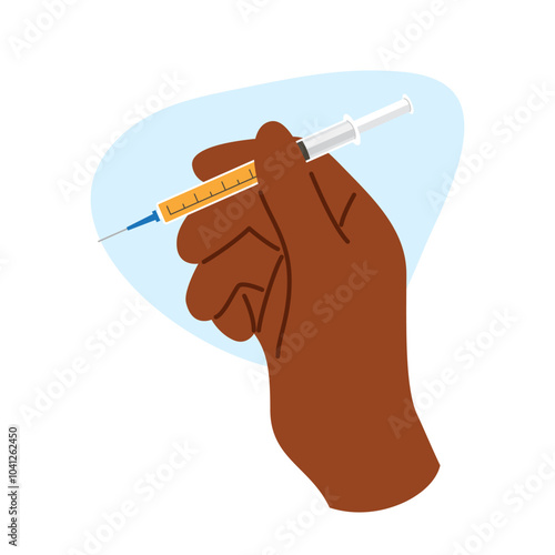 African hand holding syringe with vaccine for beauty procedure. Health and wellness