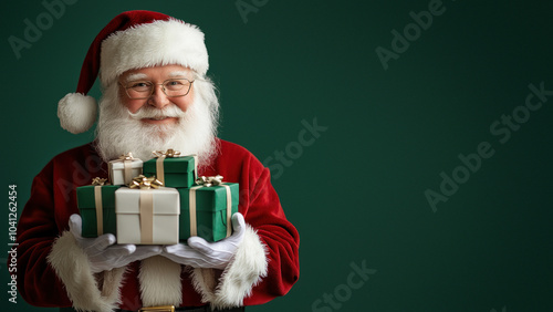 Santa holding green and white gifts, festive ambiance