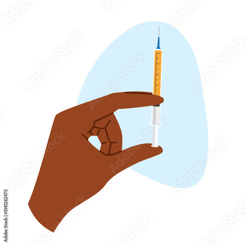 Dark hand holding syringe with serum for aesthetic beauty treatment. Skin care concept