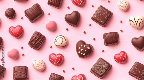 Vector pattern of chocolate boxes and heart-shaped candies, flat design style, pastel pink background, minimalist approach, clean lines, bright and playful colors, hd quality, seamless flow.