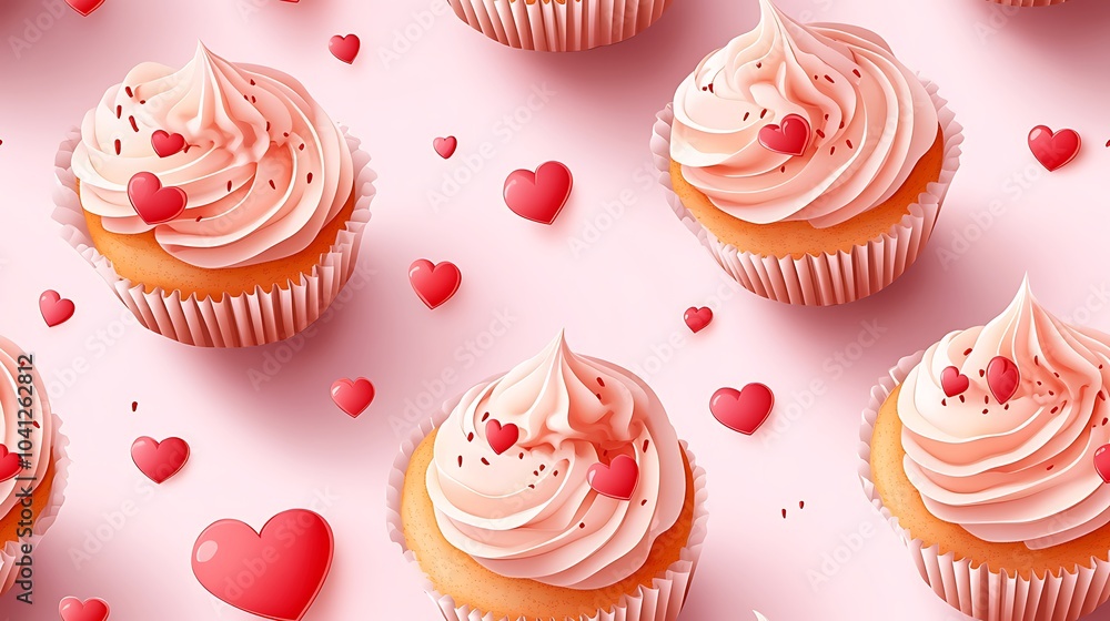 Vector pattern of cupcakes with heart-shaped sprinkles, flat design style, pastel colors, minimalist approach, clean lines, modern illustration, playful and cheerful look, hd quality, seamless flow. Vector pattern of cupcakes with heart-shaped sprinkles, flat design style, pastel colors, minimalist approach, clean lines, modern illustration, playful and cheerful look, hd quality, seamless flow.