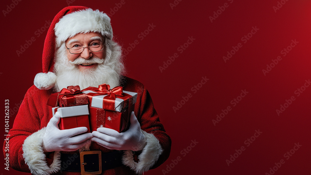Jolly Santa Claus holding presents in elegant decor.
