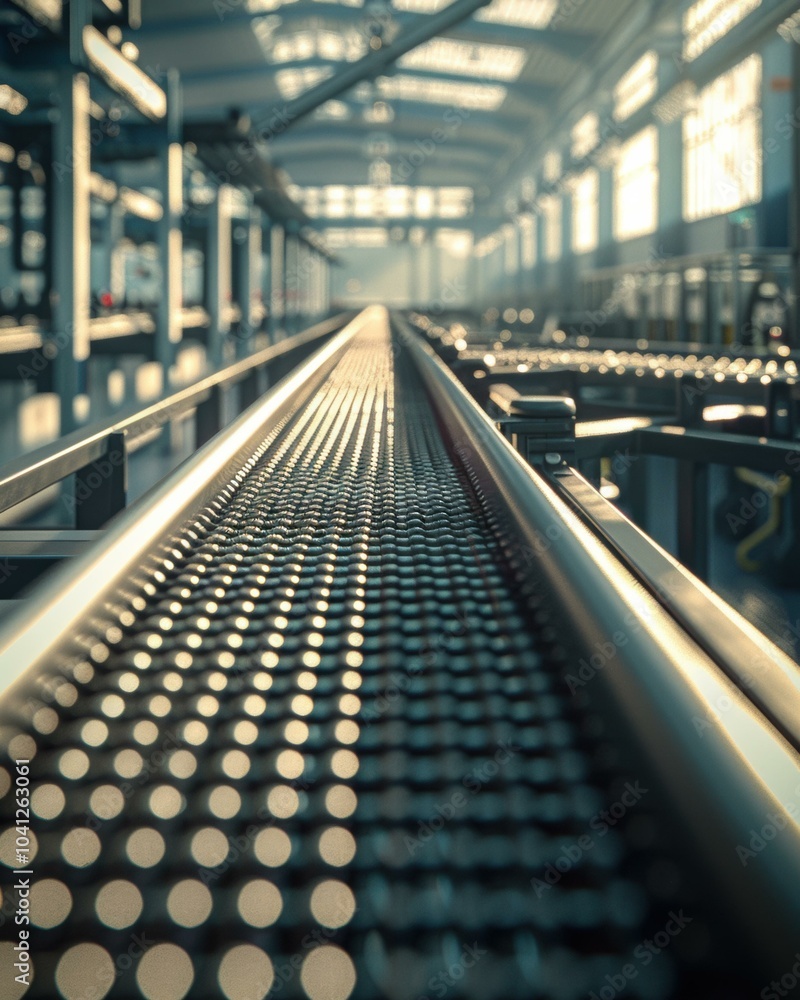 A metal conveyor belt in a factory setting. AI. A metal conveyor belt in a factory setting. AI.