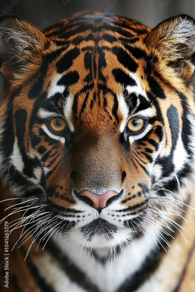 Close-up Portrait of a Tiger's Face with Striking Eyes and Whiskers Close-up Portrait of a Tiger's Face with Striking Eyes and Whiskers