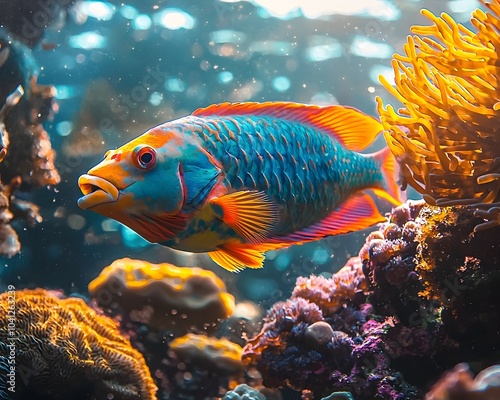 Vibrant Parrotfish Feasting on Coral in Lush Underwater Ecosystem photo