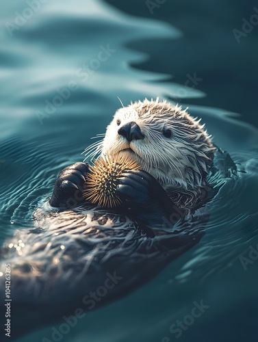 Playful Sea Otter Floating on its Back Holding a Sea Urchin in the Ocean Symbolizing the Vital Role of Marine Mammals in Maintaining Ecosystem Balance