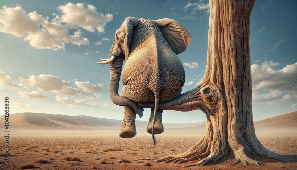 Surreal Digital Artwork of a Realistic Elephant Sitting on a Tree Branch in a Barren Desert Landscape with a Sunset Sky, Emphasizing Humor, Whimsy, and Detailed Realism