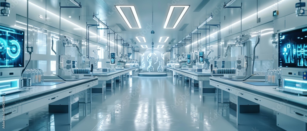 Obraz premium A futuristic laboratory with robotic arms and digital displays. AI.