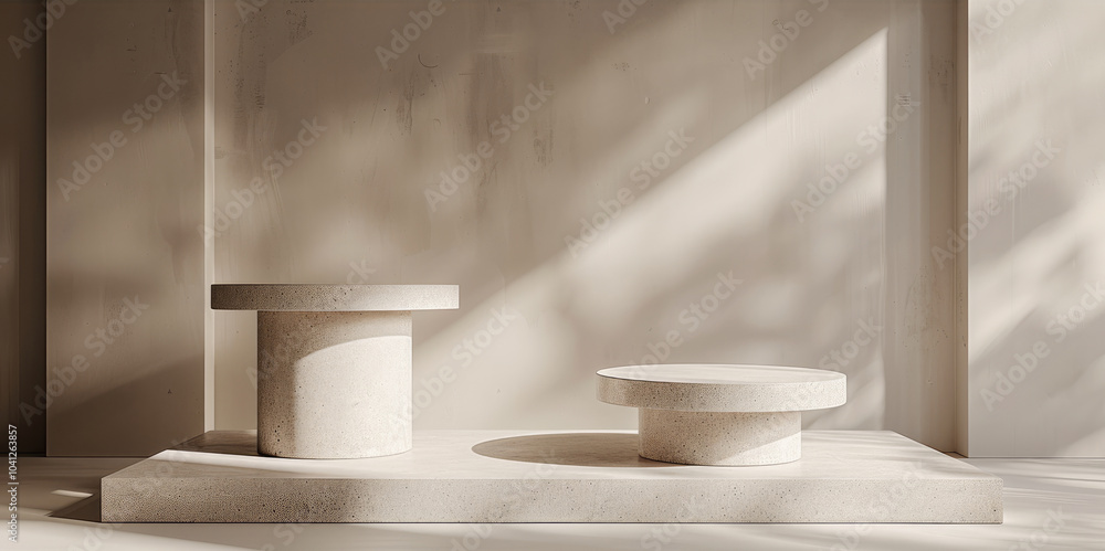 Fototapeta premium Grey pedestals in the form of round columns on a beige background for product presentation, a minimalist mockup with copy space concept.