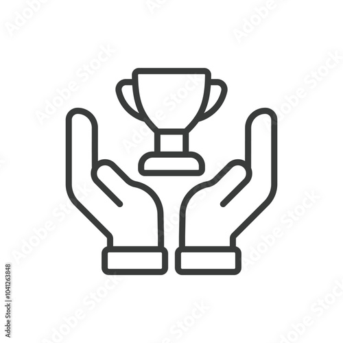 Trophy in hands, in line design, green. Trophy, hands, victory, success, achievement, celebration, winner on white background vector. Trophy in hands editable stroke icon