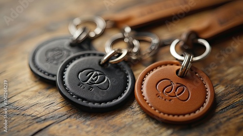 Three Leather Keychains with Metal Rings and Embossed Logos on a Wooden Surface