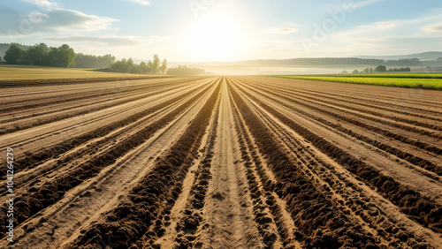 Sunlit Agricultural Field with Plowed Soil Lines