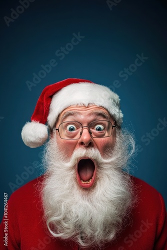 Excited Santa Claus with open mouth in red outfit.