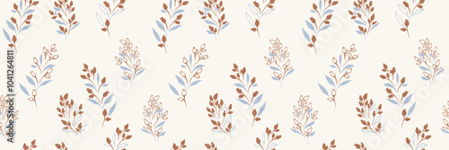 Plain seamless pattern with shapes tiny branches leaves, buds with drops. Colorful unique floral print. Vector hand drawn sketch. Nature ornament for designs