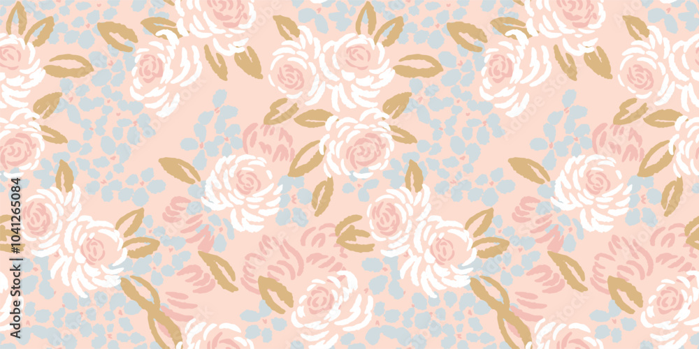 Blossoms seamless pattern with abstract, artistic shapes rose flowers, leaves, buds. Vector hand drawn sketch. Pastel floral brush nature ornament Blossoms seamless pattern with abstract, artistic shapes rose flowers, leaves, buds. Vector hand drawn sketch. Pastel floral brush nature ornament