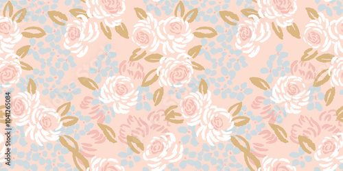 Blossoms seamless pattern with abstract, artistic shapes rose flowers, leaves, buds. Vector hand drawn sketch. Pastel floral brush nature ornament