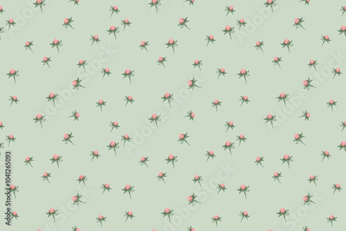  Seamless tiny floral pattern with abstract cute rosebuds on a mine green background. Vector hand drawn sketch ditsy flowers print. Minimalist ornament for surface designs, children textiles, cover