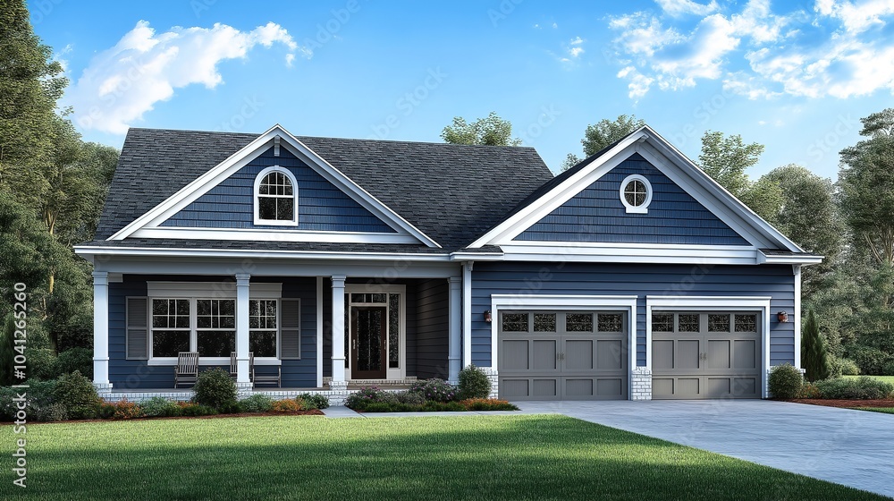 Stunning new home exterior with two-car garage and covered porch on a glorious sunny day. A perfect blend of modern architecture and natural beauty Stunning new home exterior with two-car garage and covered porch on a glorious sunny day. A perfect blend of modern architecture and natural beauty