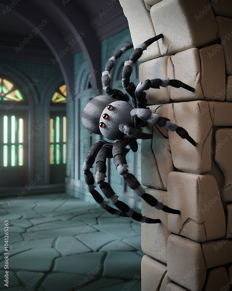 A spooky encounter a realistic spider looms in a mysterious gothic environment with intricate details A spooky encounter a realistic spider looms in a mysterious gothic environment with intricate details