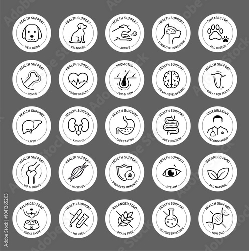 The main benefits from dogs balanced diet. The main advantages from a balanced food or supplement. Each icon is designed with lines and aesthetic, making them perfect for pet health products. EPS10.