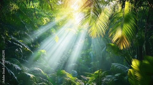 Lush rainforest scene with sunlight streaming through the dense canopy, creating a magical interplay of light and nature