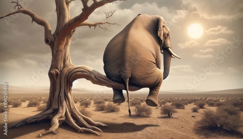 Surreal Digital Artwork of a Realistic Elephant Sitting on a Tree Branch in a Barren Desert Landscape with a Sunset Sky, Emphasizing Humor, Whimsy, and Detailed Realism