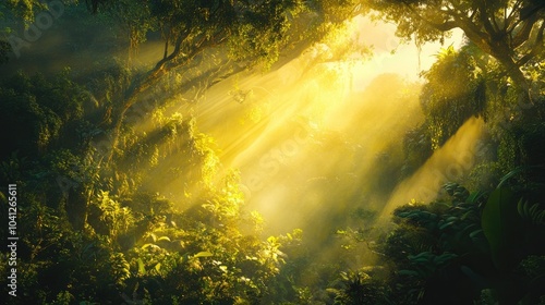 Lush tropical rainforest with golden sunlight streaming through the treetops, symbolizing the vitality and magic of nature