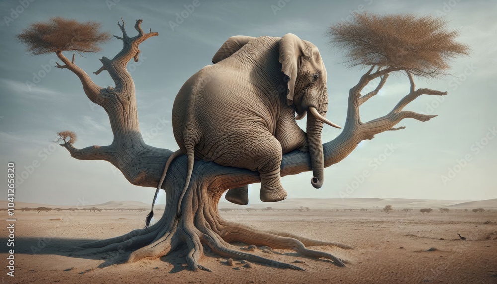 Surreal Digital Artwork of a Realistic Elephant Sitting on a Tree Branch in a Barren Desert Landscape with a Sunset Sky, Emphasizing Humor, Whimsy, and Detailed Realism