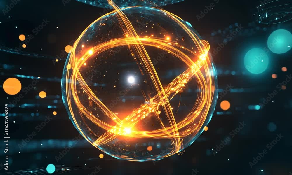 Glowing Orange Orb With Intersecting Rings In A Digital Space Glowing Orange Orb With Intersecting Rings In A Digital Space