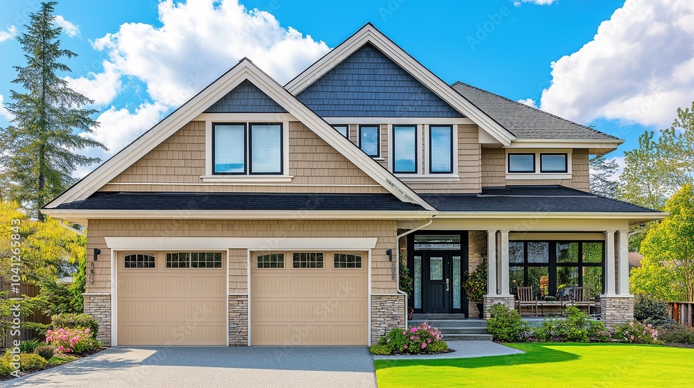 Stunning new home exterior with two-car garage and covered porch on a glorious sunny day. A perfect blend of modern architecture and natural beauty Stunning new home exterior with two-car garage and covered porch on a glorious sunny day. A perfect blend of modern architecture and natural beauty