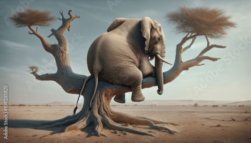 Surreal Digital Artwork of a Realistic Elephant Sitting on a Tree Branch in a Barren Desert Landscape with a Sunset Sky, Emphasizing Humor, Whimsy, and Detailed Realism
