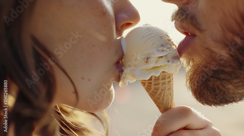 A close-up of one partner holding an ice cream spoon toward the otherâs mouth, capturing a sweet and intimate moment. photo