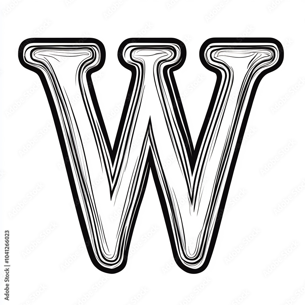 Letter W in a basic black outline on white background ideal for kids' coloring activities and alphabet learning Letter W in a basic black outline on white background ideal for kids' coloring activities and alphabet learning