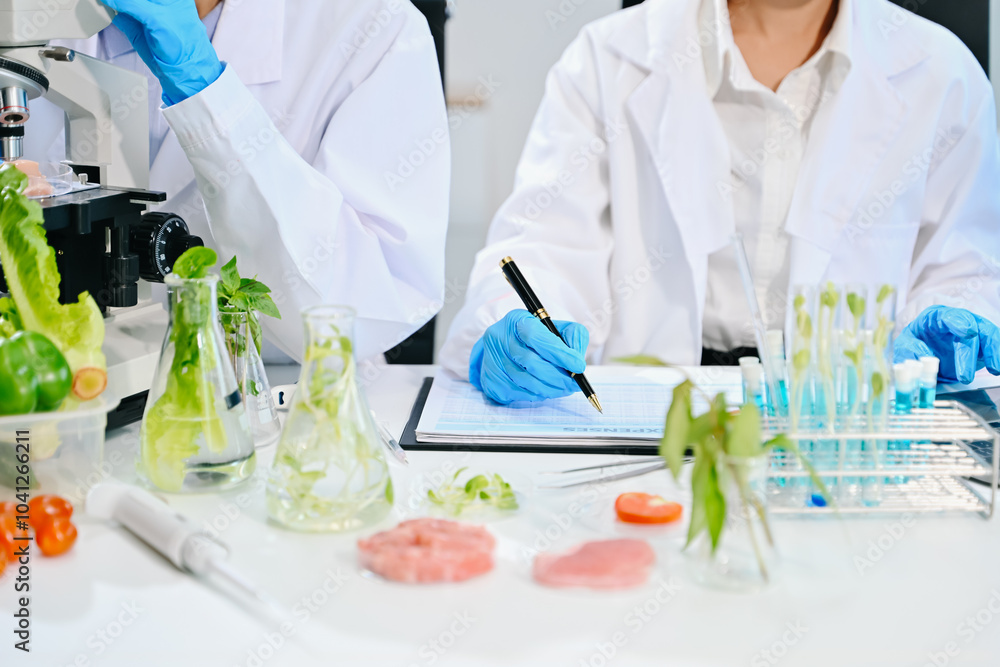 Food science as lab scientists test and analyze vegetables for safety and quality using advanced technology Food science as lab scientists test and analyze vegetables for safety and quality using advanced technology