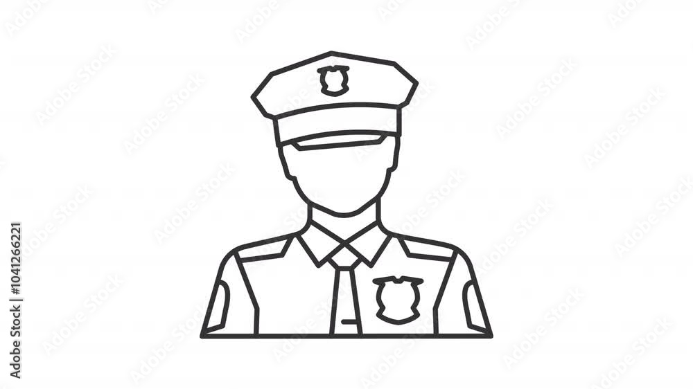 Traffic police line animation. Policeman animated icon. Shaking head, moving. Public safety, protection. Black illustration on white background. HD video with alpha channel. Motion graphic Traffic police line animation. Policeman animated icon. Shaking head, moving. Public safety, protection. Black illustration on white background. HD video with alpha channel. Motion graphic