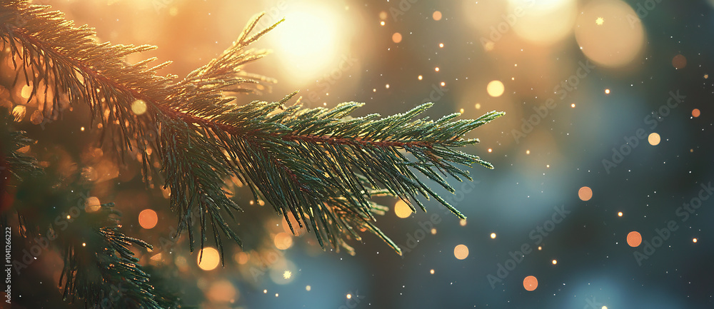 Fototapeta premium Close-Up View of a Lush Evergreen Branch with Sparkling Lights