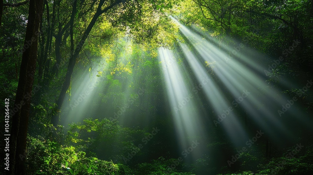 A serene tropical rainforest with beams of sunlight breaking through the dense canopy, symbolizing the vitality of nature A serene tropical rainforest with beams of sunlight breaking through the dense canopy, symbolizing the vitality of nature