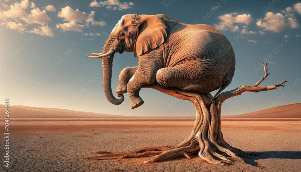 Surreal Digital Artwork of a Realistic Elephant Sitting on a Tree Branch in a Barren Desert Landscape with a Sunset Sky, Emphasizing Humor, Whimsy, and Detailed Realism