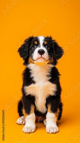 Bernese Mountain Dog Puppy on Yellow Background