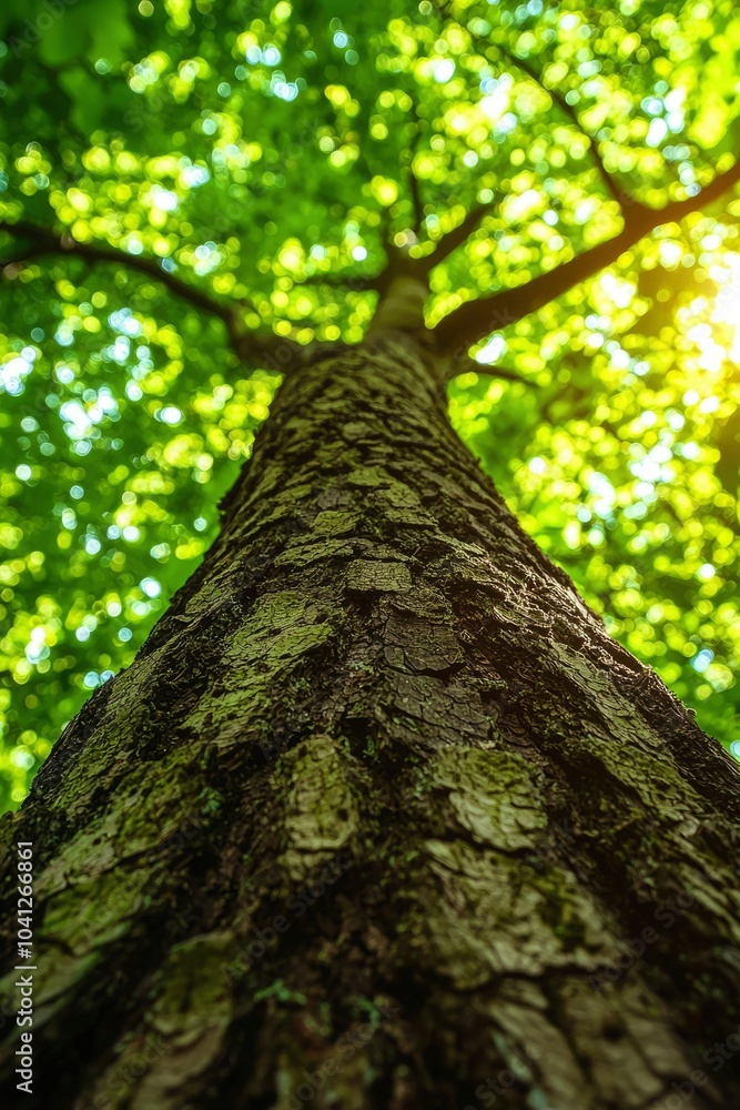Fototapeta premium A Low Angle View of a Tree Trunk with Sunlit Green Leaves Above