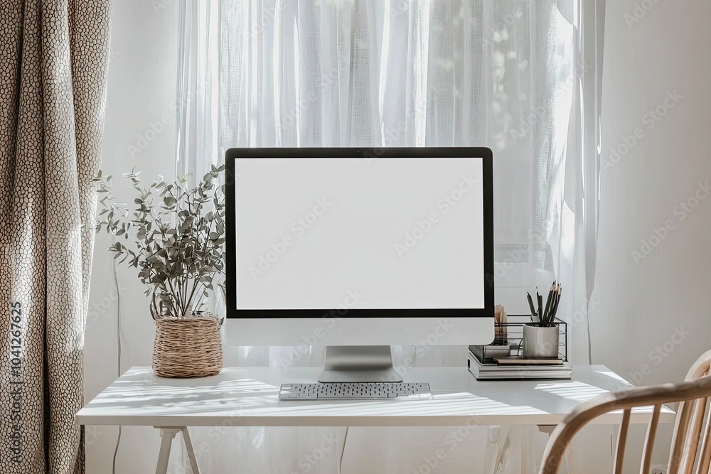 Front view of a blank computer screen on a white desk in a minimal home office interior. A mockup with copy space for text and design elements Front view of a blank computer screen on a white desk in a minimal home office interior. A mockup with copy space for text and design elements