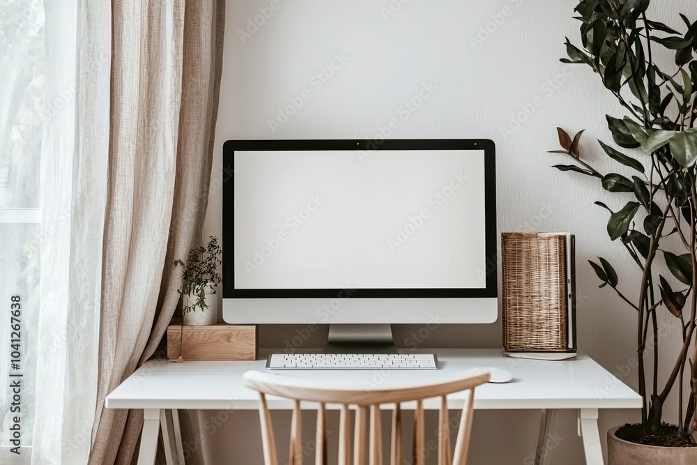 Front view of a blank computer screen on a white desk in a minimal home office interior. A mockup with copy space for text and design elements Front view of a blank computer screen on a white desk in a minimal home office interior. A mockup with copy space for text and design elements