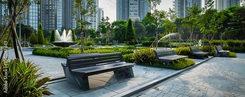 A contemporary city park with sleek benches a modern fountain and carefully landscaped gardens Tall buildings in the background