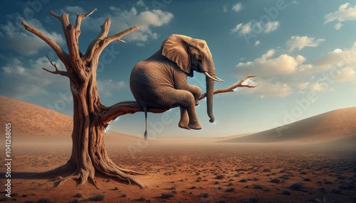 Surreal Digital Artwork of a Realistic Elephant Sitting on a Tree Branch in a Barren Desert Landscape with a Sunset Sky, Emphasizing Humor, Whimsy, and Detailed Realism