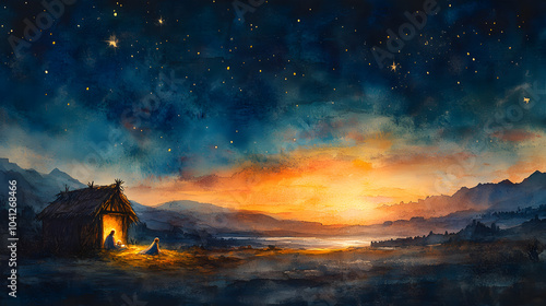 An atmospheric watercolor of the Nativity scene under the night sky, with deep blues and purples merging with soft golden light emanating from the manger, where the baby Jesus rests