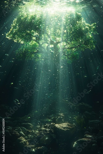 Underwater View of a Sunlit Tree with Fish and Rocks