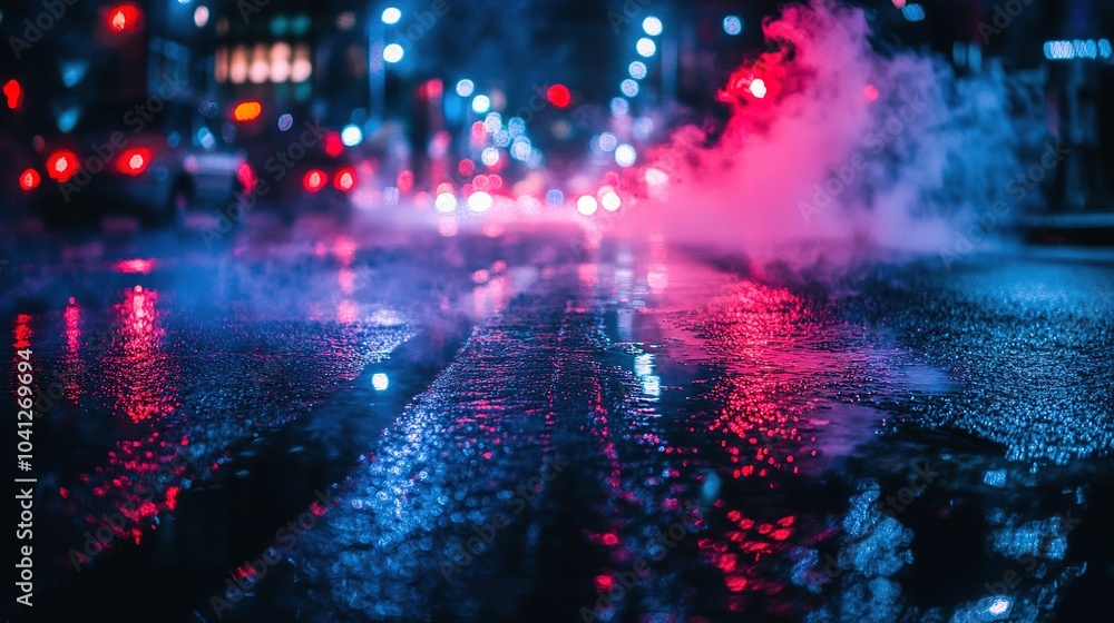 Urban Night Scene with Reflections and Fog Effects Urban Night Scene with Reflections and Fog Effects