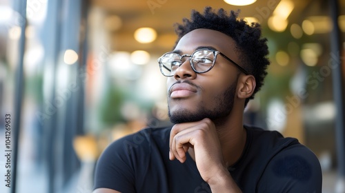 Thoughtful Young Man with Glasses Looking Up